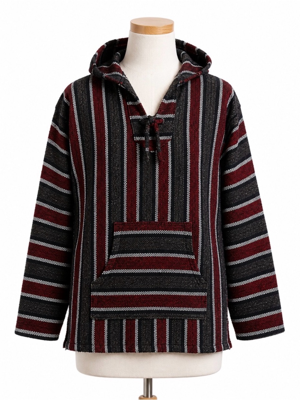 Hooded Baja Poncho Jacket Red, Black & Gray Striped kagaroo pockets